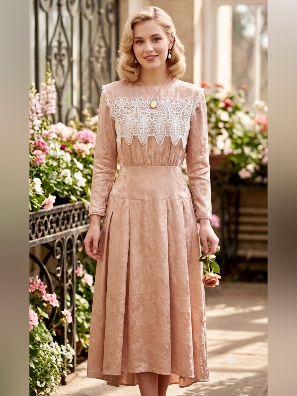 Vintage Jessica McClintock 100% Silk Pink Lace Midi Dress